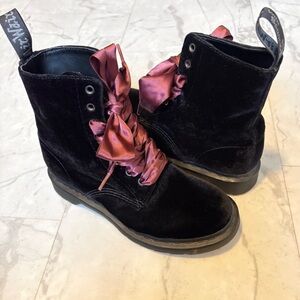 Dr. Martens Black Velvet Combat Boots with Satin Pink Laces